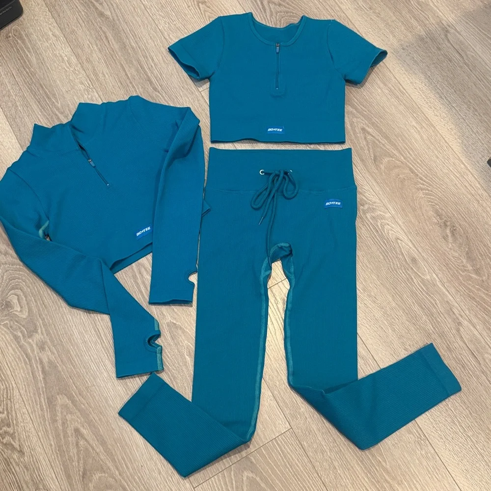 Bo + Tee Teal Endure ribbed fitness workout gym set cropped tops and leggings XS - Picture 8 of 11